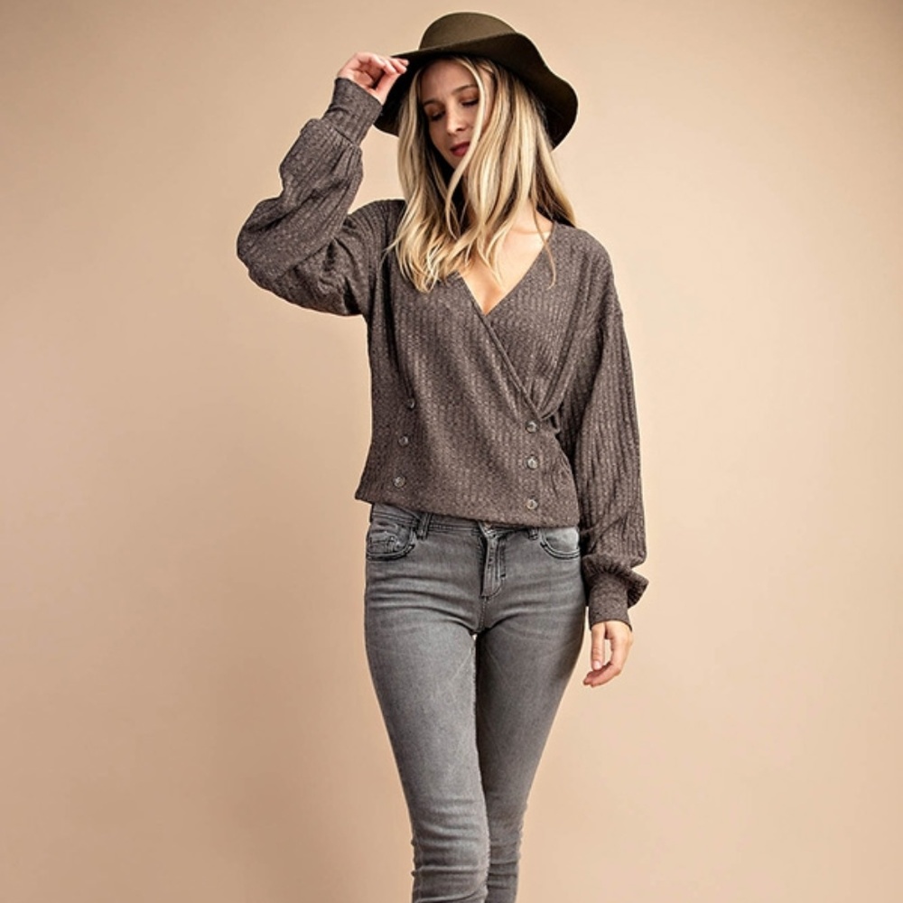 Ribbed Double Button Overlapped V-Neck Top - Picture 6 of 9